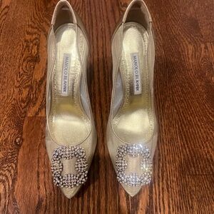 Manolo Blahnik Gold Heels with Ornate Embellishment and Stiletto Heel